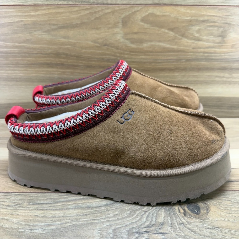 UGG Tazz Platform Slippers Womens 8 Chestnut Suede Sherpa Shearling Lined Tasman